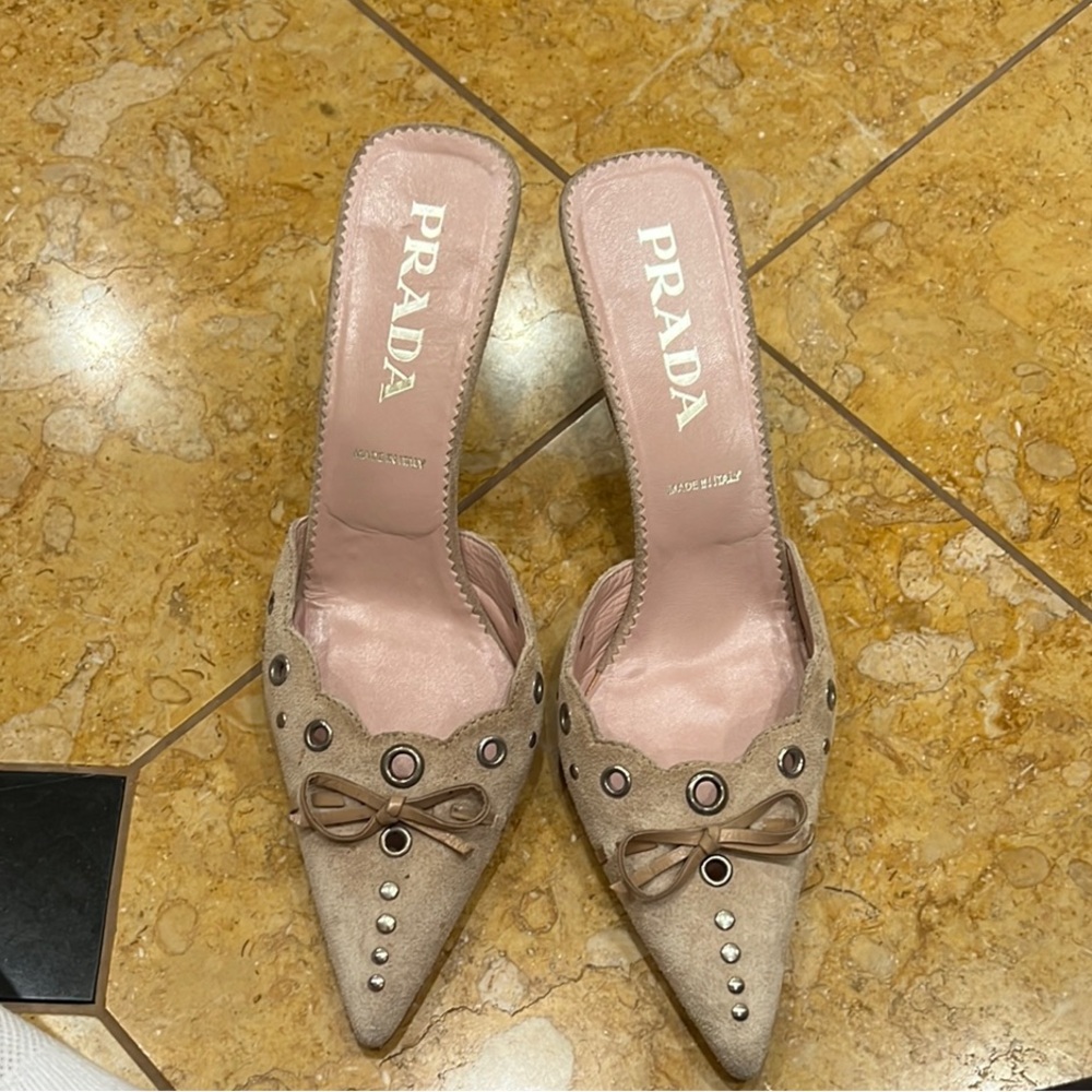 Vintage Prada Tan Mules with Kitten Heels and Bow Details